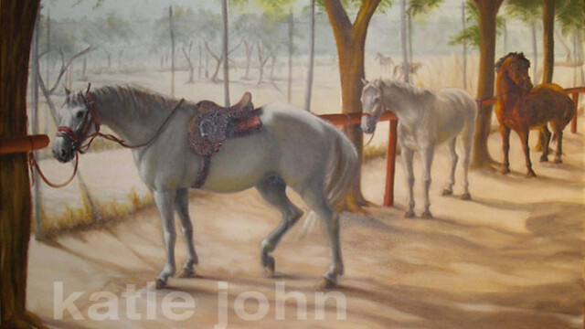 Tacking up, Seville, oil, 2002 epona tacking up